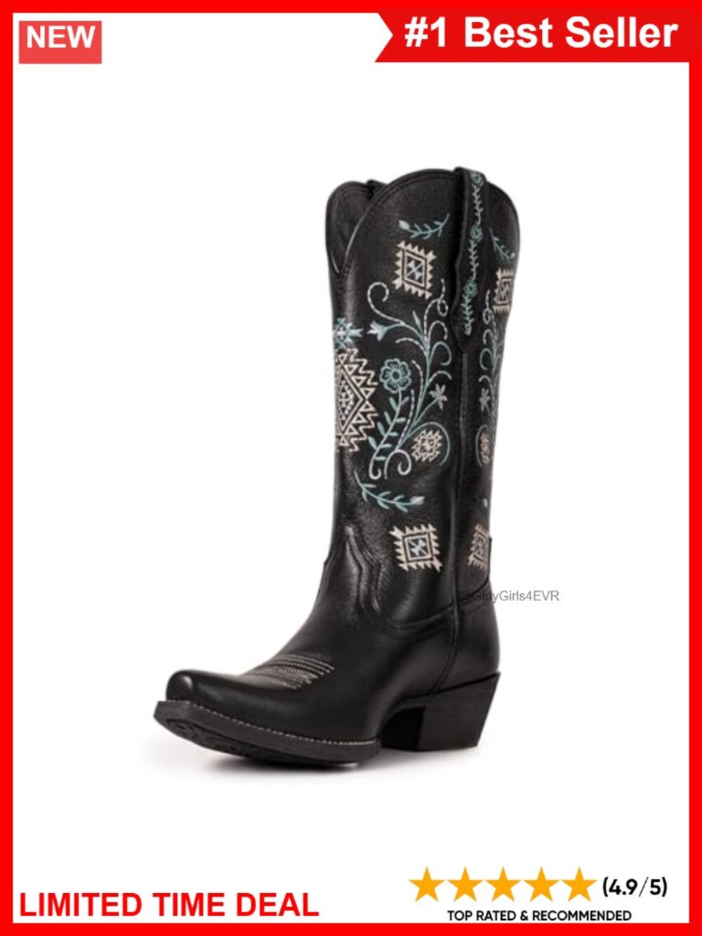 Genuine Leather Embroidered Cowboy Boots Pointed Toe Chunky Heel Mid-Calf